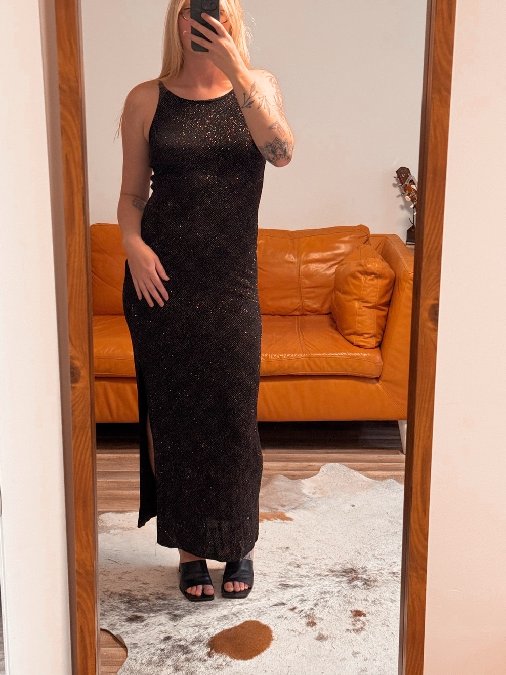 Vintage Reitmans Black Sparkle Maxi Dress with Side Slit